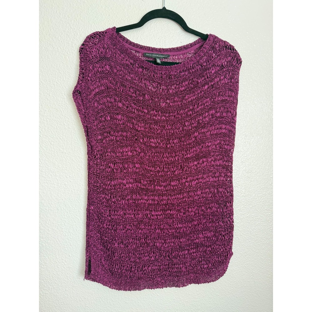 White House Black Market Top Womens Gypsy Purple Open-Stitch Cap Sleeve Slit Hem - Picture 2 of 9
